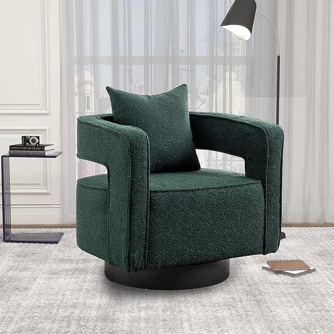 Mid Century Modern Boucle Swivel Accent Chair 2 Pack Comfy Open Back Sofa Chair with Black Wood Base for Nursery Bedroom Living Room Club Swivel Lounge Chairs (2pcs Chair Green)
