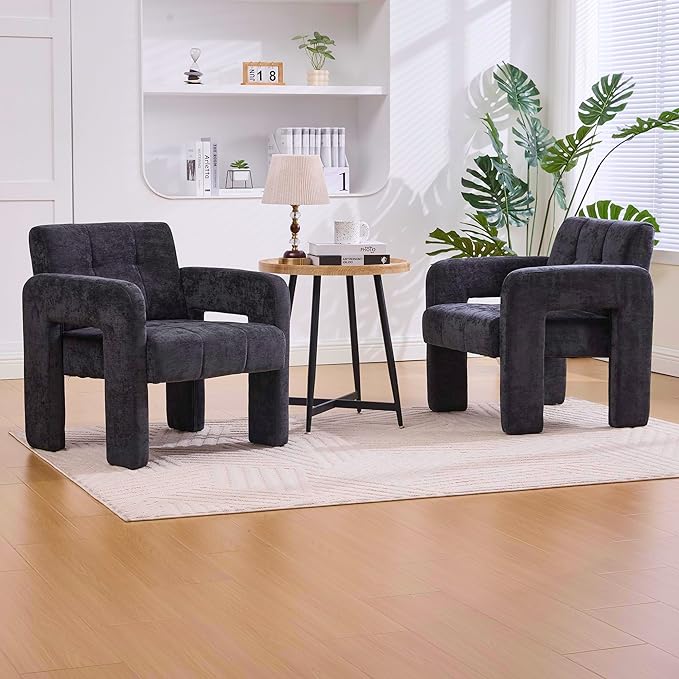 Upholstered Armchair Modern Accent Chair with Chenille Fabric for Living Room Comfortable Padded Single Seat Lounge Chair for Bedroom Office Reading Nook (Black)