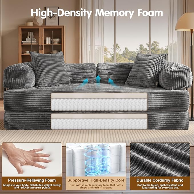 81″ Convertible Sleeper Sofa Bed with Pillows Corduroy Foldable Mattress Couch with Fixed-Shape Frame Futon Sofa Bed Boneless Couch for Living Room Bedroom Lounge Studio Gray