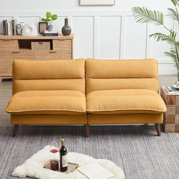 Convertible Sofa Bed 72″ Fabric Couch with Adjustable Backrest Loveseat Recliner Sleeper Living Room Furniture futon Set for Apartment Small Space Yellow
