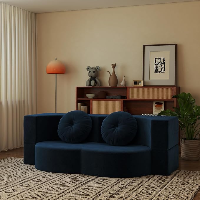 76 Plush Corduroy Convertible Sleeper Sofa Bed Modern Loveseat Sofa with 2 Pillows Compression Couch with Folding Mattress for Living Spaces Blue