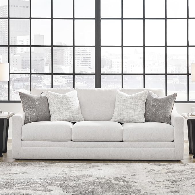Signature Design by Ashley Maitelynn Contemporary Sofa with Accent Pillows Reversible Cushions and Sloped Arms Light Gray