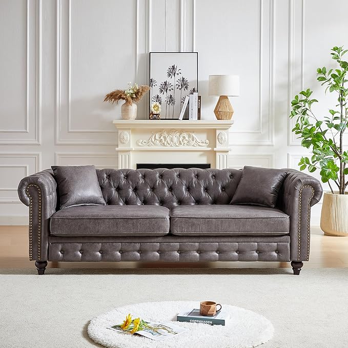 KEIKI Chesterfield Sofa Retro Tech Fabric 3 Seater Upholstered Couch with Rolled Arm for Living Room Bedroom Office Grey