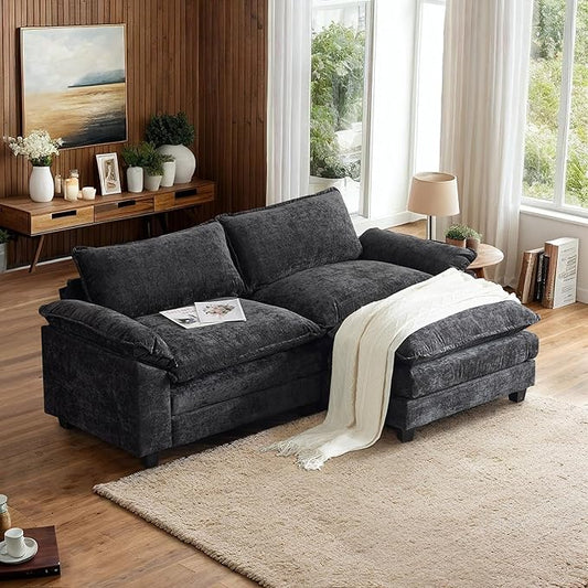 VINGLI 87 Convertible Sectional SofaL-Shape Deep Seat Sofa Couch for Living RoomModern Chenille 2 Seat Loveseat Sofa with Ottoman for Small Space(Black 87)
