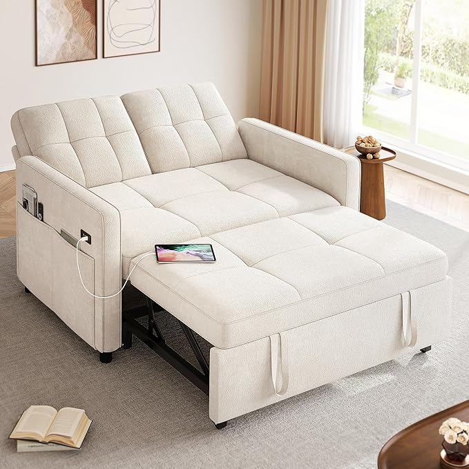 YITAHOME 55 Convertible Sofa Bed 3-in-1 Sleeper Sofa with Pull-Out Bed Cat-Scratch-Proof Futon Couch with 5-Levels Reclining Backrest USB and Side Pocket Modern Loveseat for Living Room Beige
