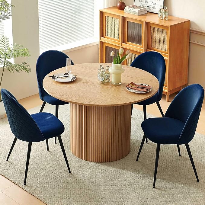 47-in Round Kitchen Table Set for 4 Modern Mid-Century Dining Room Table Pedestal with 4 Navy Blue Kitchen Living Room Chairs Set Space Saving Dining Set for Dinining Hall Reception Room