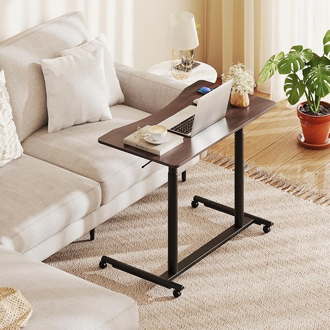 DORTALA Ergonomic Sit Stand Desk Adjustable Desk on Wheels Mobile Bedside Computer Desk w/Lockable Casters Sturdy Steel Frame for Living Room Bedroom Office Brown