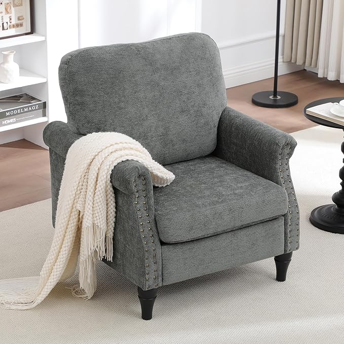 Accent Chair for Living Room Modern Mid Century Reading Chair Armchair High Back Upholstered Armchair with Wooden Legs for Office Apartment Small Room 1PCS LIGHTGREY