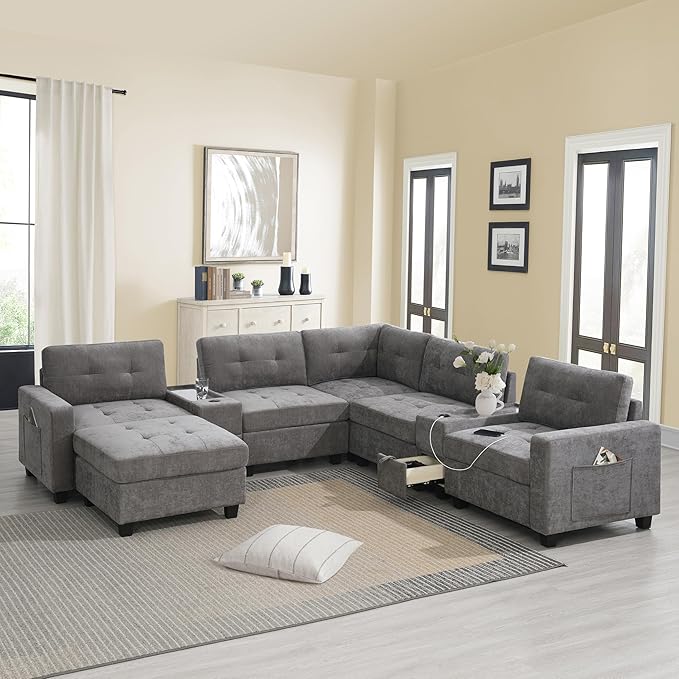 104'' Sectional Sofa with Acrylic Table TopChenille U Shaped Couch Set with 2 ConsolesUSB ChargerStorage Drawers and PocketsMovable OttomanTufted Sofa for Living RoomApartment Gray