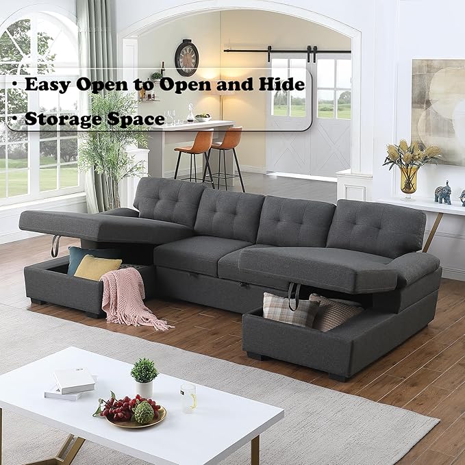 120 U-Shaped Sectional Sleeper Sofa with Pull Out Bed &amp Storage Chaise Lounge Convertible Sofa Bed Couch Functional Modular Sectional Sofa for Living Room Apartment (Dark Gray 4 Seats Sofa Bed