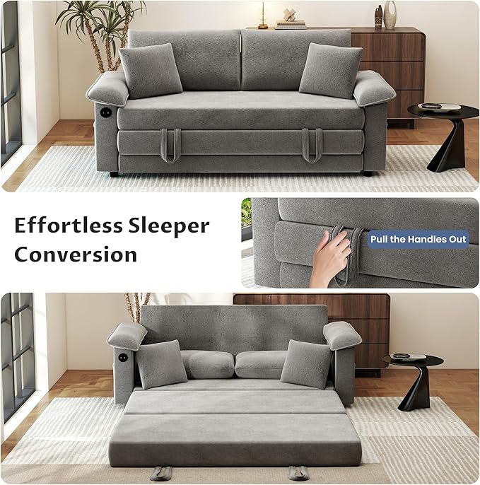 SUNWAVE Oversized Loveseat Sleeper Sofa 77 Convertible Sofa Bed 2-Seat Pull Out Couch w/USB Chenille Queen Folding Sofa Bed for Living Room Small Spaces Bedroom (Gray)