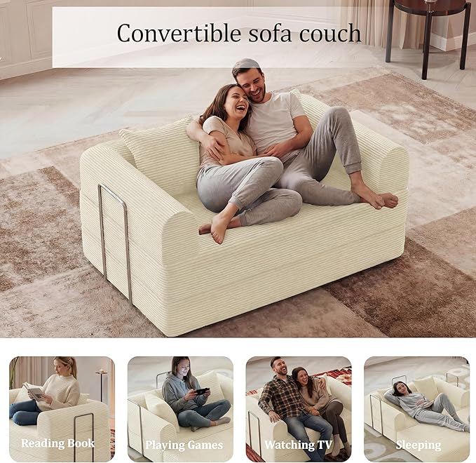HouseMila 53.15 Convertible Sofa Bed4-in-1 Futon Sofa Bed Modular Loveseat Sleeper Folding Pull Out Couch with Pillows No Assembly Required Boneless Couch for Living Room Bedroom Guest RoomBeige