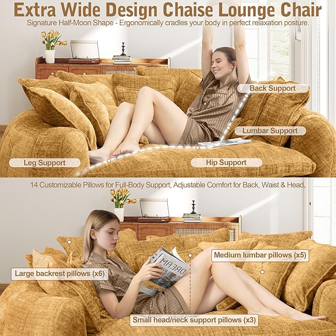 81 Oversized Boneless Round Chaise Lounge Bean Bag Chair Comfy Chenille Reading Chair Fluffy Plush Sofa Bed Large Deep Seat Circle Cloud Couch for Living Room/Apartment/Bedroom Yellow