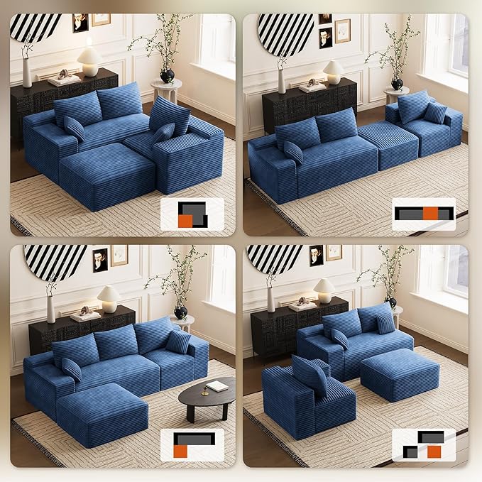 108 Oversized U-Shaped Sectional Couches for Living Room Comfy Fluffy Corduroy Blue Boneless Cloud Couch with 2 Ottomans Plush Memory Foam Modular Sectional Sofa for Small Spaces