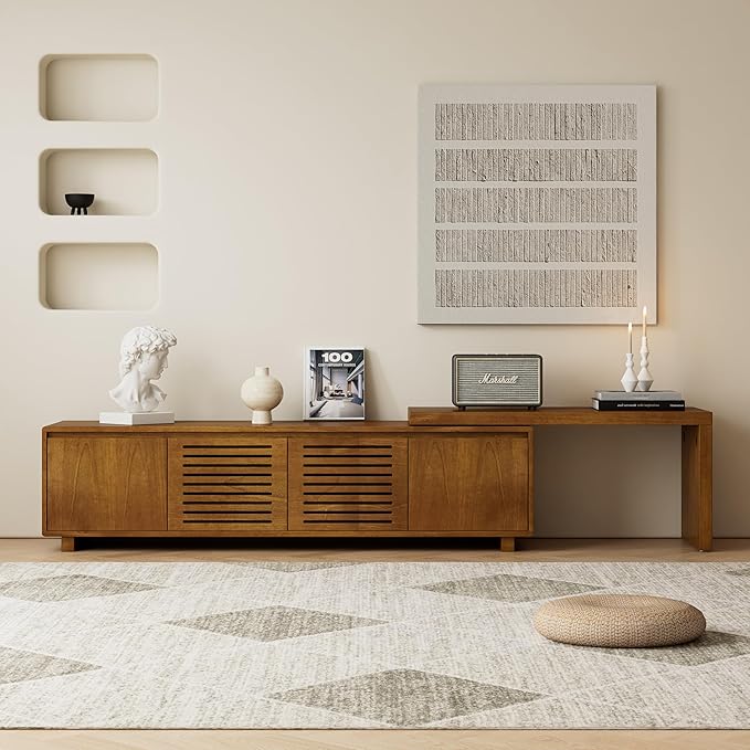 LKTART Mid Century Modern TV StandExtendable Entertainment Center for 65/70/75/80 Inch TVMedia Console for Living Room&ampBedroom Brown Ebony