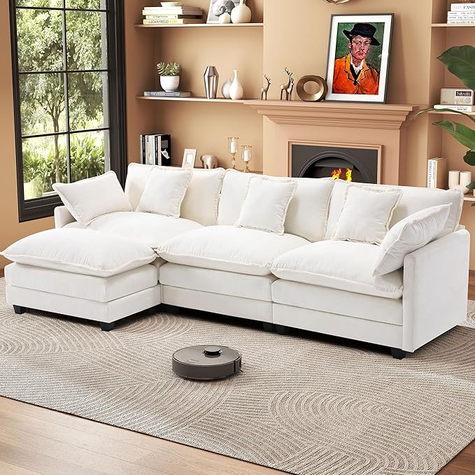 111.4” L Shape Cloud Couch Modular Sectional Sofa with Movable Ottoman 3-Seater Chenille Couches Deep Seat with Throw Pillows for Living Room Apartment （Beige）