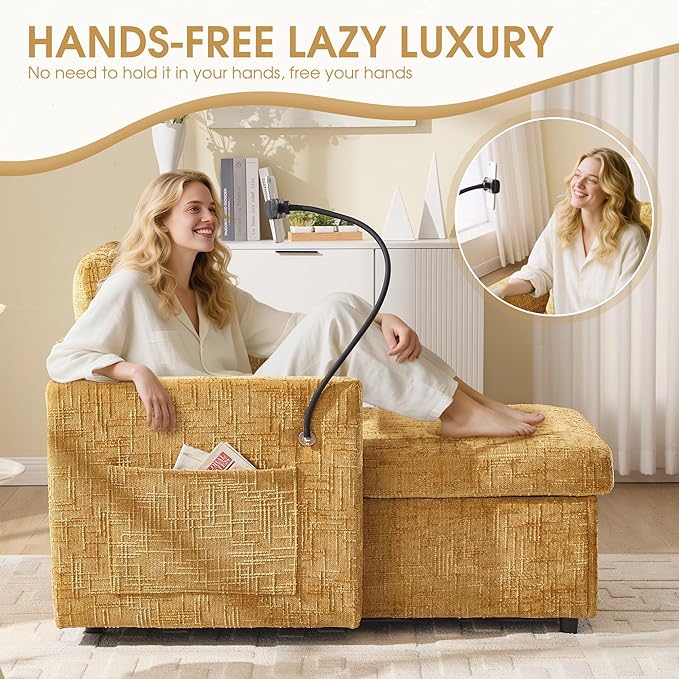 HOMEFUN Sleeper Chair Bed Lazy-Friendly Indoor Chaise Lounge with Storage Cell Phone Bracket Multifunctional Sofa for Bedroom Living Room Small Space Adults