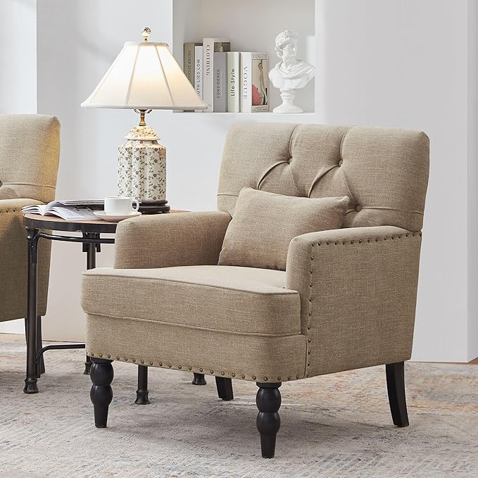 HUIMO Tufted Club ChairAccent Chair with Lumbar Pillow Upholstered Button Armchair Linen Fabric Sofa Chairs for Bedroom Living Room Mid Century Modern with Studded Reading Chair Brown