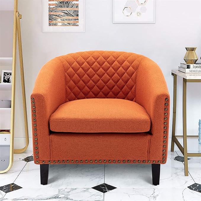 Accent Barrel Chair Living Room Chair with Nailheads and Solid Wood Legs Orange Linen