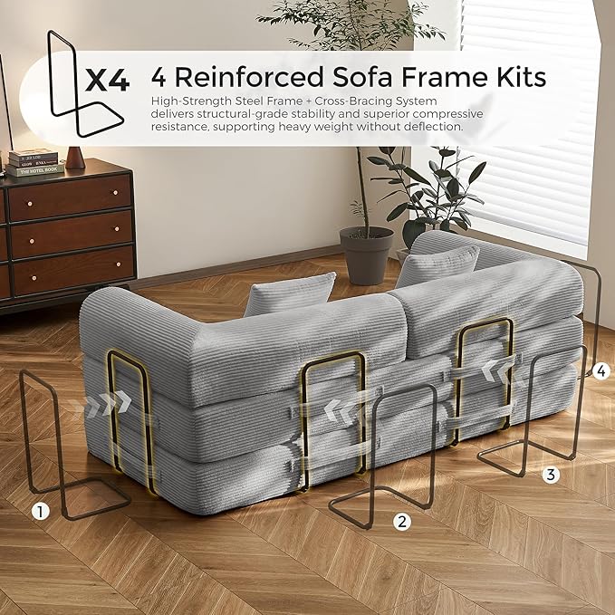 79 Convertible Floor Sofa Bed 5-in-1 Modular Sleeper with Removable Parts No Assembly Corduroy Futon from Sofa to Oversized Bed Non-Slip Base for Living Room Dorm (Light Gray)