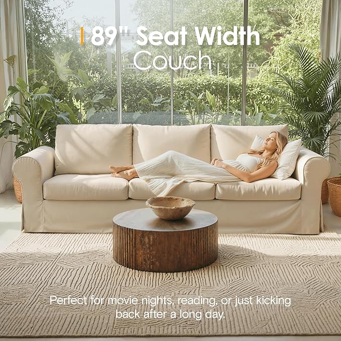 89 3-Seater Couch with Rolled Arm Farmhouse Slipcovered Sofa with Washable Cover Supportive Cushions &amp Sturdy Frame Beige Couches for Living Room Small Spaces Apartment Office Easy Assembl