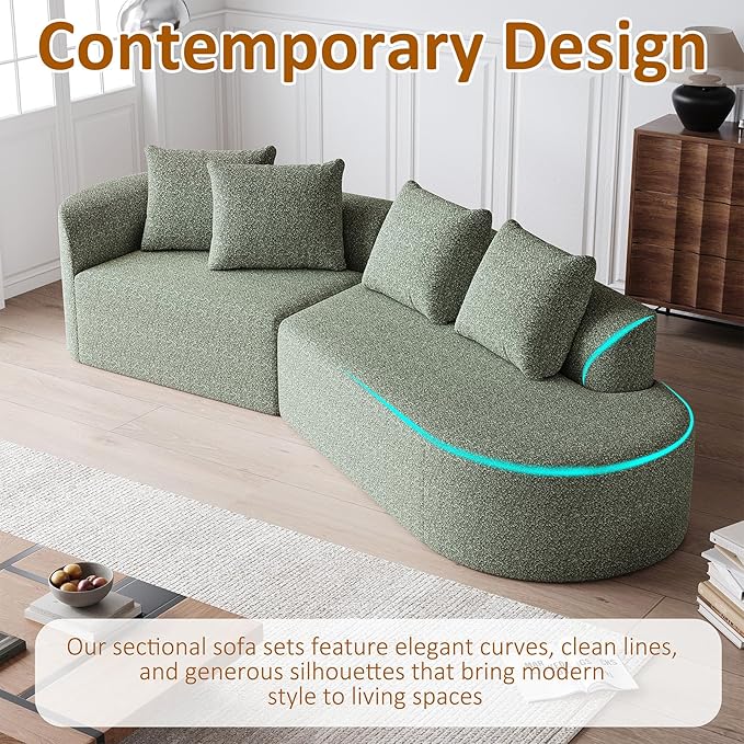 112-inch Curved Sofa Modular Sectional Modern Oversized Chenille Cloud Memory Foam Compression Boneless Sofa Couch with 4 Pillows for Living Room Bedroom Office Right Facing Chaise Green