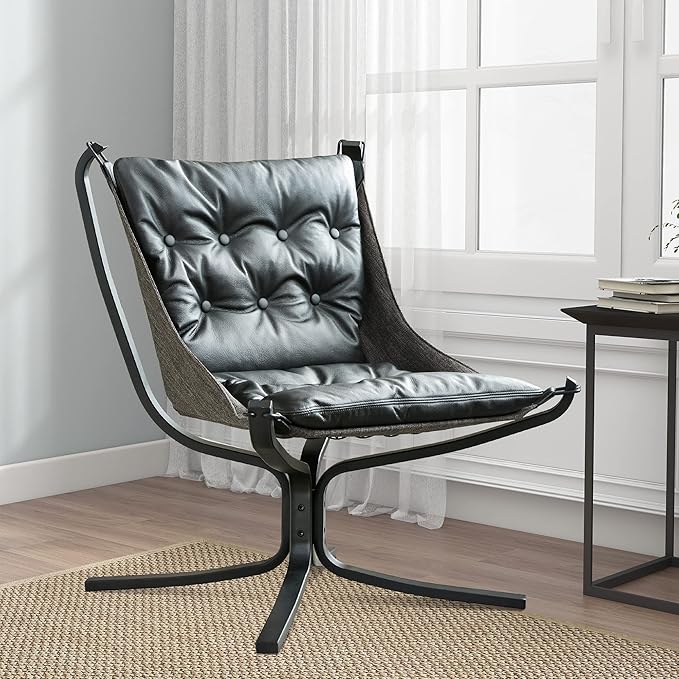 Living Room Chair Genuine Leather Butterfly Chair Handmade Iron Frame Reading Chair Modern Accent Chair for Study Room Reading Bedroom Living Room Office Black