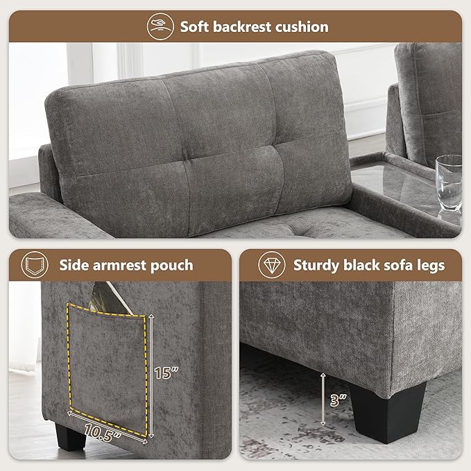 104'' Sectional Sofa with Acrylic Table TopChenille U Shaped Couch Set with 2 ConsolesUSB ChargerStorage Drawers and PocketsMovable OttomanTufted Sofa for Living RoomApartment Gray