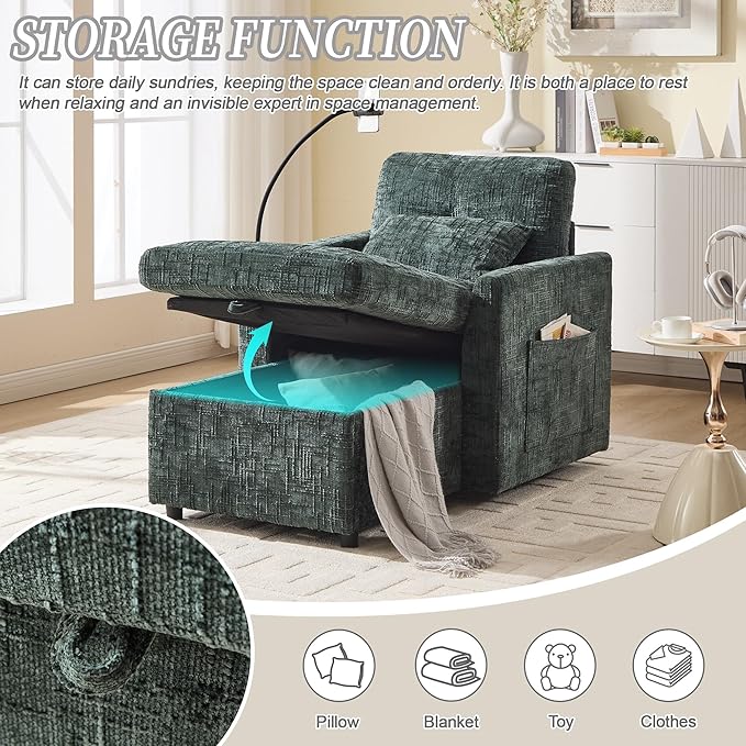 Multifunctional Recliner Sofa Chair with Storage Phone Holder &amp Adjustable Backrest Chenille Fabric Single Leisure Chair for Living Room Bedroom Small Spaces (Emerald)
