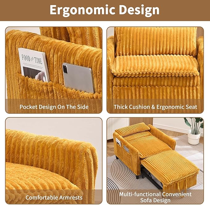 Modern Corduroy Fabric Sofa Bed Futon 3 in 1 Convertible Pullout Bed Sleeper Couches with 3 Reclining Backrests Small Sofa Chair Bed for Living Room Bedroom (Yellow)