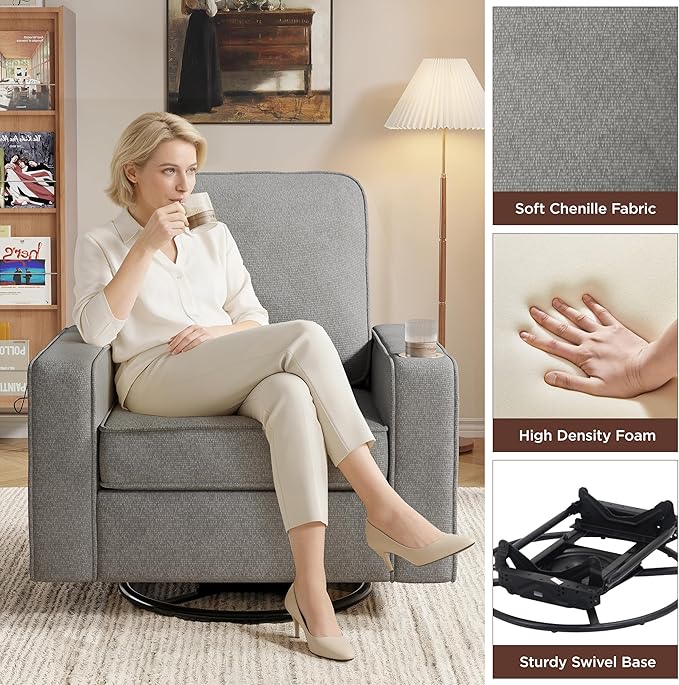 Swivel Square Accent Chair with Wide Armrests360° Rotating Comfy Single Sofa Chairs with USB/Type-CCup Holder &amp Side PocketModern Armchair for Living Room Bedroom Reading Lounge NookLight Grey