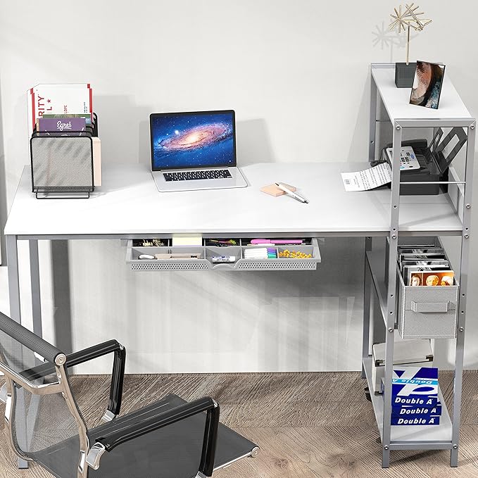 SHW 46-Inch Home Office Mission Computer Desk with Side Shelf and Drawer White
