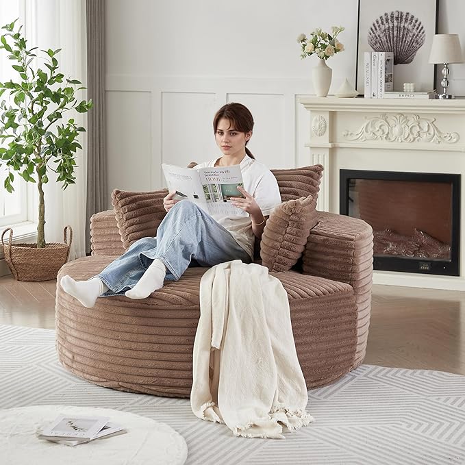 55 Oversized Round Chair Cozy Corduroy Upholstered Circle Round Sofa Deep Seat Accent Chair for Living Room Bedroom &amp Reading No Assembly Required Brown