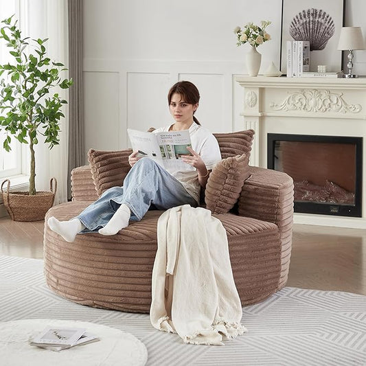 55 Oversized Round Chair Cozy Corduroy Upholstered Circle Round Sofa Deep Seat Accent Chair for Living Room Bedroom &amp Reading No Assembly Required Brown