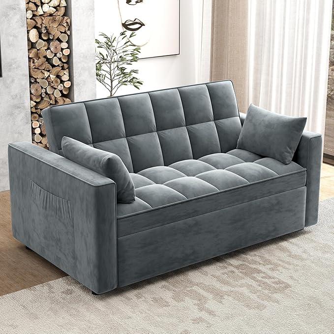 Sleeper Sofa Couch Bed 55.9'' Convertible Velvet Loveseat 3 in 1 Pull Out Sofa Bed with Toss Pillows Pockets Furniture for Living Room Gray
