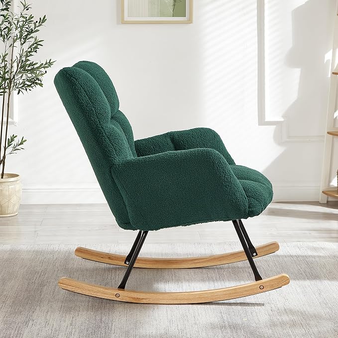 Setawix Upholstered Rocking Chair with Arms for NurseryTufted Rocker Glider ChairsTeddy Fabric Rocking ArmchairMid Century Modern Accent Chairs for Living RoomBedroom (Teddy Green 27.2)