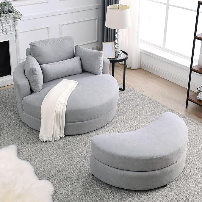 Oversized Swivel Accent Round Chair Modern Upholstered Sofa with Pillows Cozy Leisure Chair for Living Room Bedroom Home Office Club (Linen Light Gray)