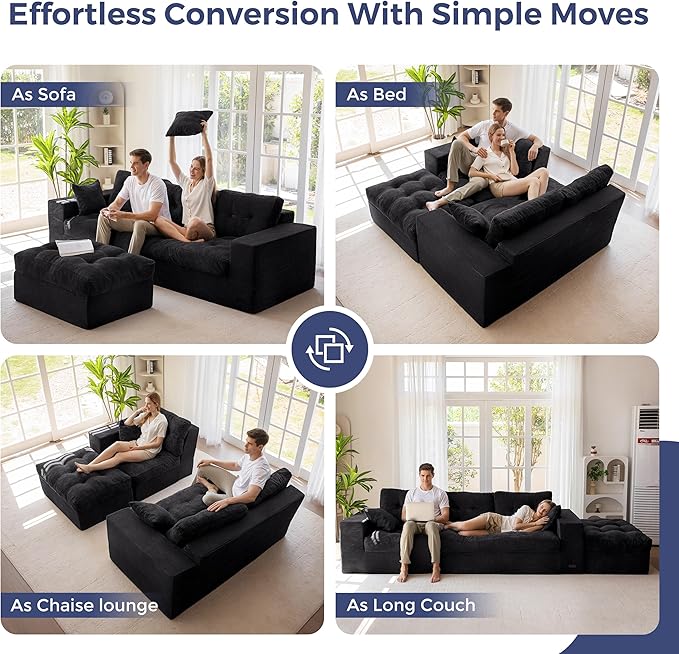 MAXYOYO 104 L Shaped Modular Sectional Sofa with Ottoman Cloud Boneless Couch with Layered Cushion Upholstered Sofa in a Box Flexible Module Combination for Living Room No Assembly Black