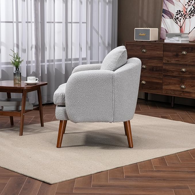 Mid Century Lounge Armchair with Boucle Fabric Solid Wood Legs and Comfortable Cushions Ideal for Bedroom and Living Room Reading and Relaxing (Gray)