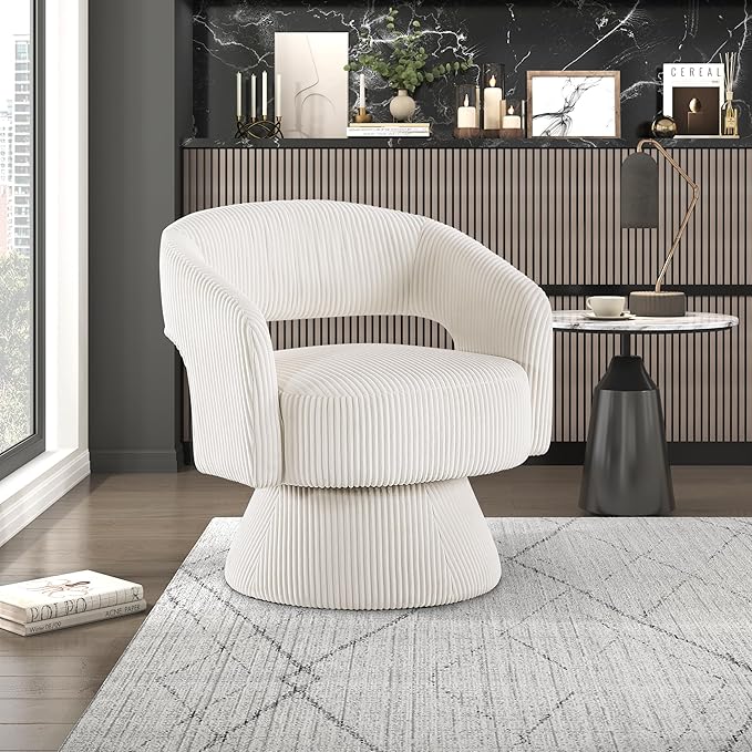 Lexicon 360 Degree Swivel Accent Chair Modern Comfy Corduroy Round Barrel Chair Open Back Plush Foam Cushions Metal Swivel Base for Living Room/Bedroom/Office Beige