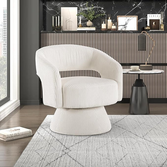 Lexicon 360 Degree Swivel Accent Chair Modern Comfy Corduroy Round Barrel Chair Open Back Plush Foam Cushions Metal Swivel Base for Living Room/Bedroom/Office Beige