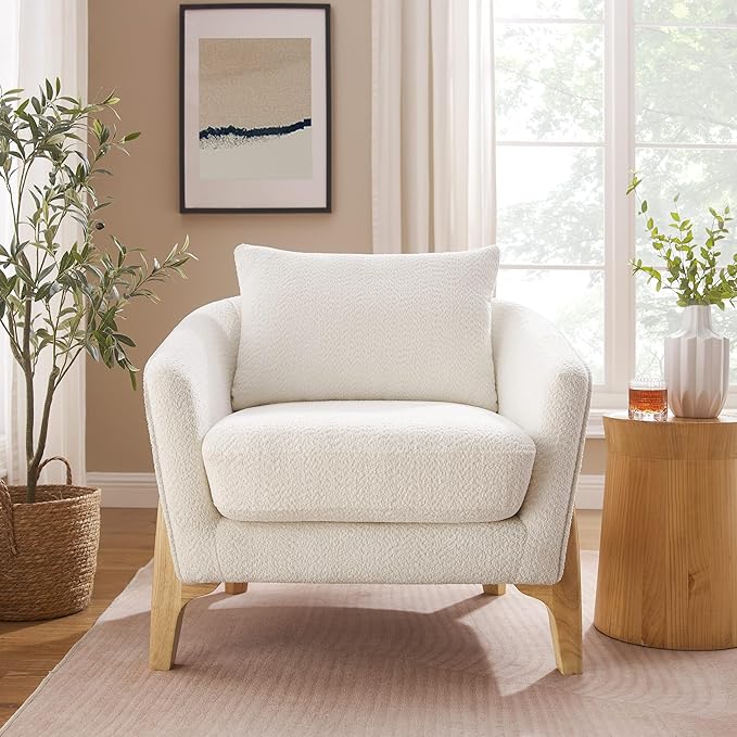 VANOMi Accent Chairs for Living Room Sherpa Armchair with Cushion Comfy Chair for Bedroom Reading Corner Apartment White