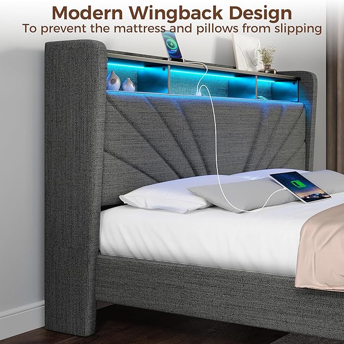 Rolanstar Queen Size Bed Frame Storage Headboard with Charging Station and LED Lights Upholstered Bed with Heavy Duty Wood Slats No Box Spring Needed Noise Free Easy Assembly Dark Grey