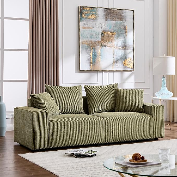 Modern Corduroy Sofa 88.5 inch Wide Living Room Couch with Wide Arms 3-Seater Living Room Couch with Throw Pillows Olive Green