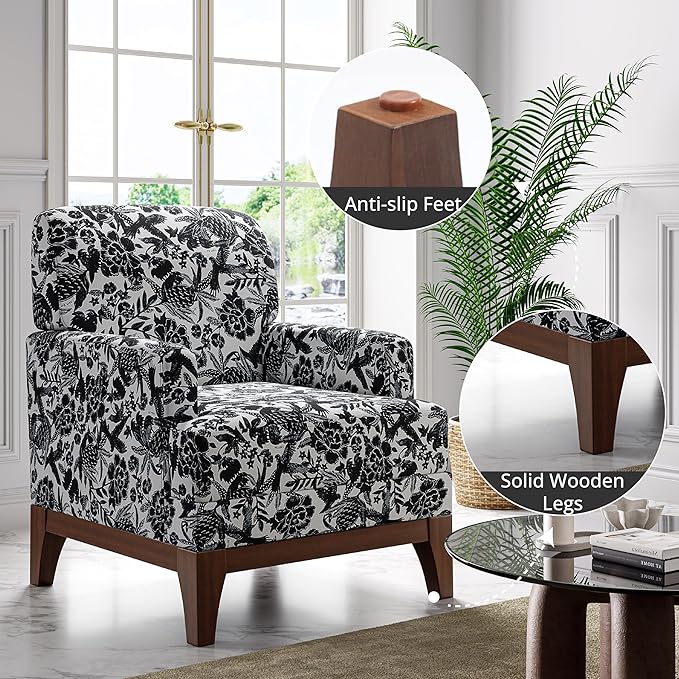 Floral Accent Chair Set of 2 Upholstered Armchair with Solid Legs Comfy Reading Single Sofa with Spring-Padded Cushion for Bedroom Black