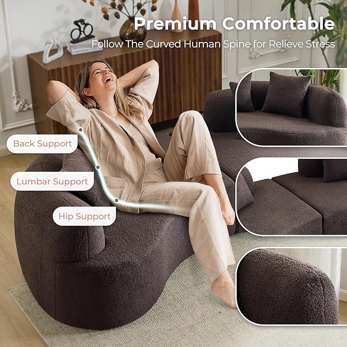 106.7'' Modern Curved Sectional Sofa Luxury Teddy Velvet Upholstered Couch Comfy Cloud Compressed Sofa with 4 Pillows for Living Room Apartment No Assembly Needed Brown