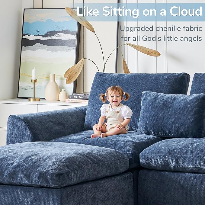 Modern Sectional Cloud Couch - 120'' Soft Modular Sectional Sofa – No Assembly Required - Deep Seat Couches with 2 Movable Ottomans - Oversized Chenille Sofa for Living Room - Blue