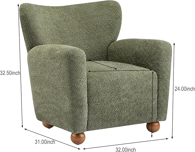 Christopher Knight Home Lindy Wingback Accent Chair Upholstered Armchair with Rounded Wooden Legs Curved Backrest Single Sofa Soft Cushion Seating Comfy Lounge Chair for Living Room Olive Green