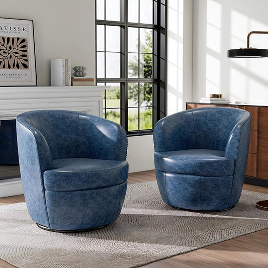 Swivel Barrel Chair Modern Round PU Leather Accent Armchair for Living Room Bedroom Comfy Club Reading Chairs for Adults (Leather Navy Blue Set of 2)