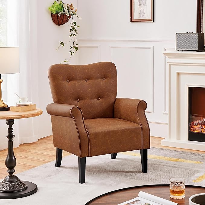 Yaheetech Modern Armchair Mid Century PU Leather Accent Chair with Sturdy Wood Legs and High Back for Small Space Upholstered Club Sofa for Living Room/Bedroom Set of 2 Retro Brown